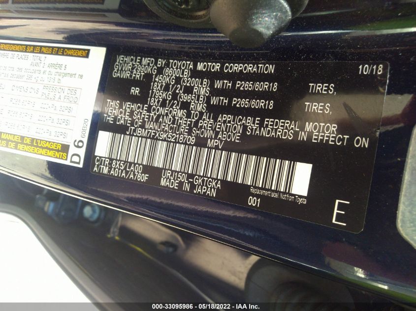 2019 LEXUS GX GX 460 JTJBM7FX9K5218709