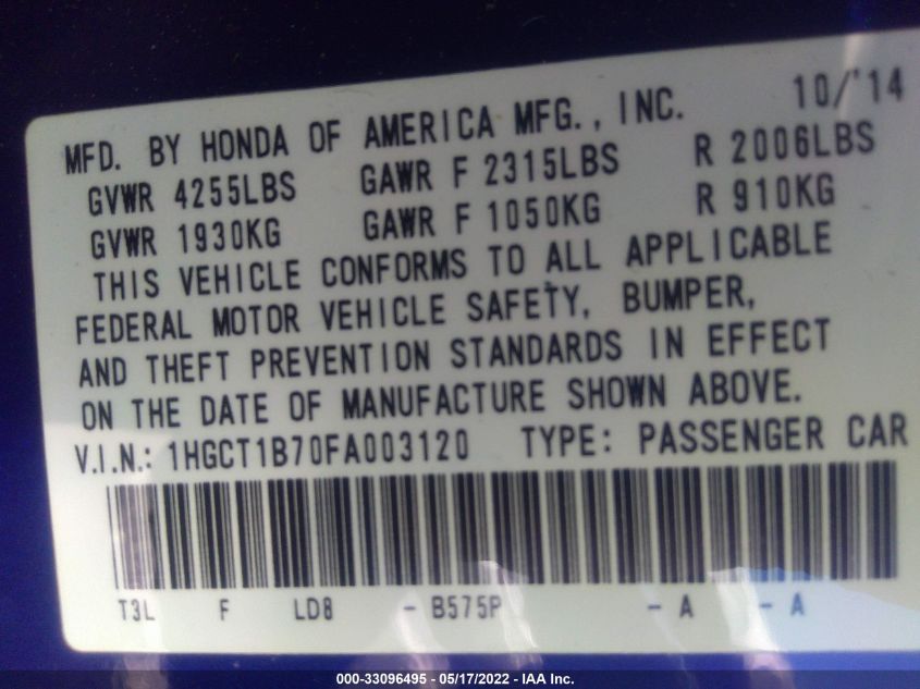 2015 HONDA ACCORD COUPE EX 1HGCT1B70FA003120