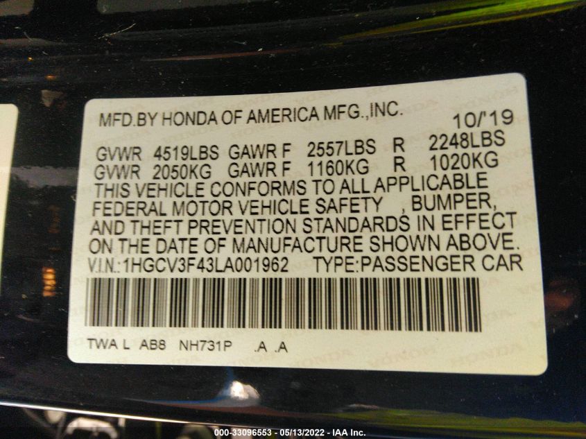2020 HONDA ACCORD HYBRID EX 1HGCV3F43LA001962