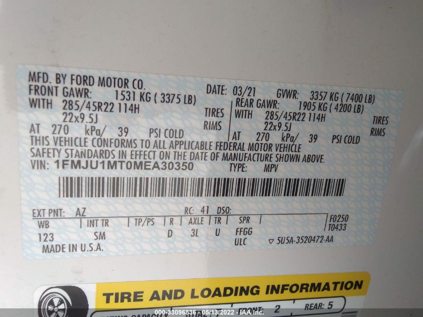 2021 FORD EXPEDITION PLATINUM 1FMJU1MT0MEA30350