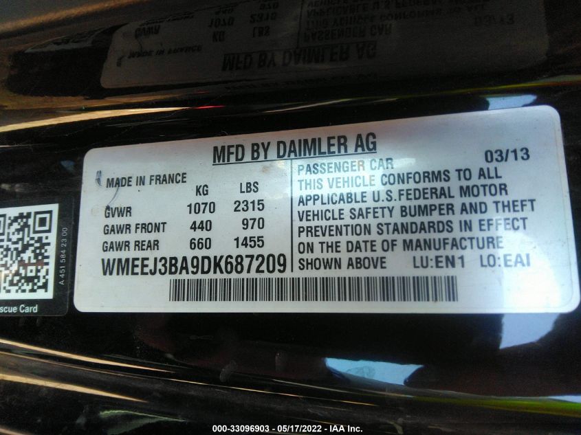 2013 SMART FORTWO PURE/PASSION WMEEJ3BA9DK687209
