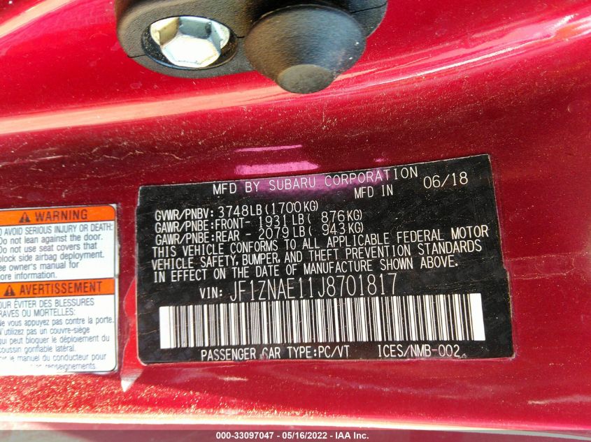 2018 TOYOTA 86 GT JF1ZNAE11J8701817