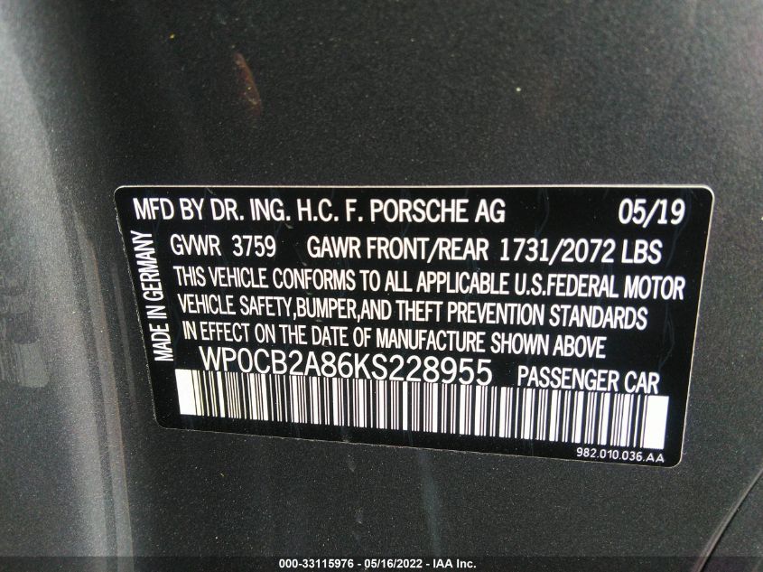 2019 PORSCHE 718 BOXSTER S/GTS WP0CB2A86KS228955