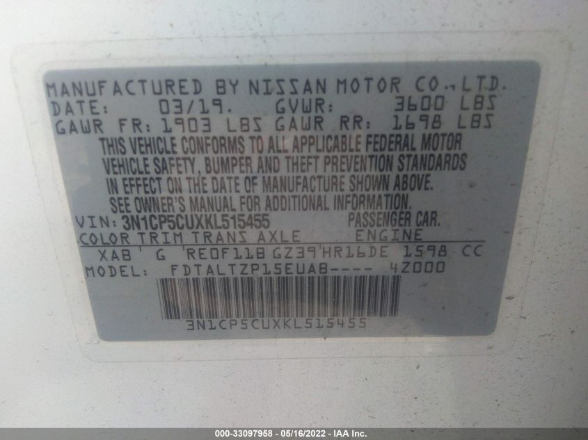 2019 NISSAN KICKS SR 3N1CP5CUXKL515455