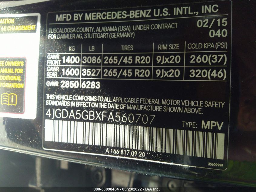 2015 MERCEDES-BENZ M-CLASS ML 400 4JGDA5GBXFA560707