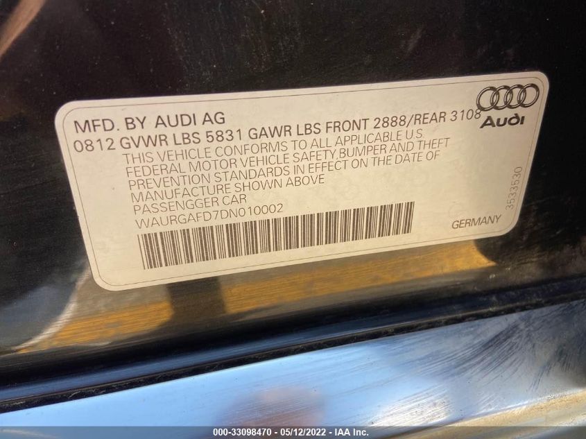 2013 AUDI A8 L 3.0L WAURGAFD7DN010002