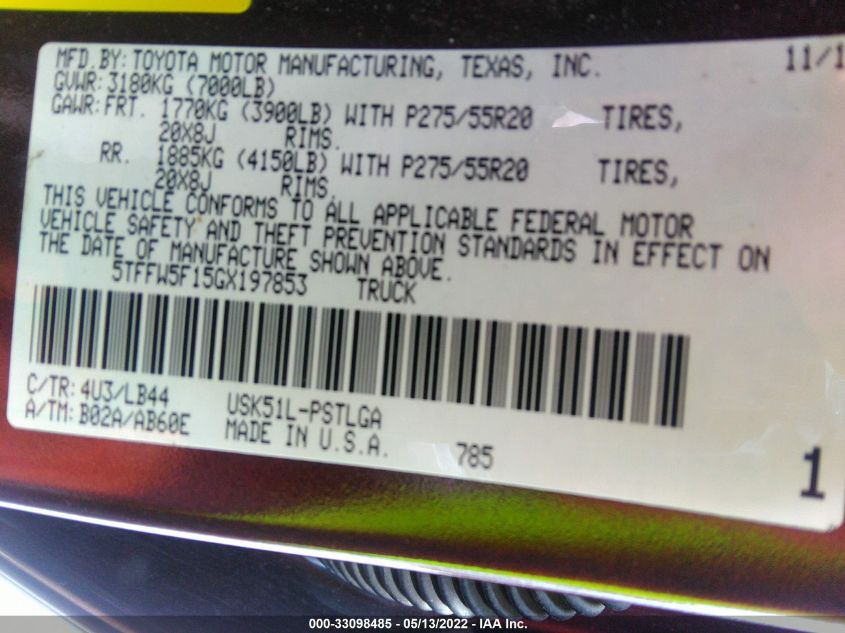 2016 TOYOTA TUNDRA 2WD TRUCK CREWMAX LIMITED 5TFFW5F15GX197853