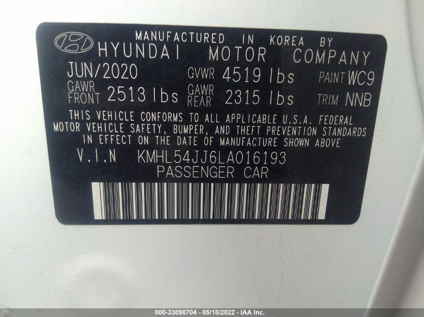 2020 HYUNDAI SONATA HYBRID LIMITED KMHL54JJ6LA016193