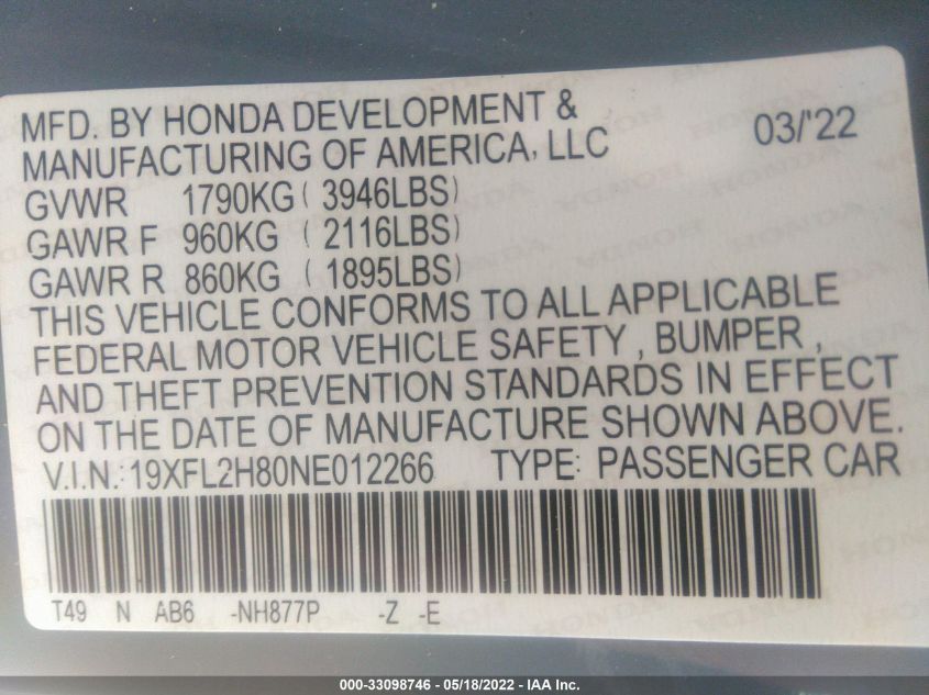 2022 HONDA CIVIC HATCHBACK SPORT 19XFL2H80NE012266
