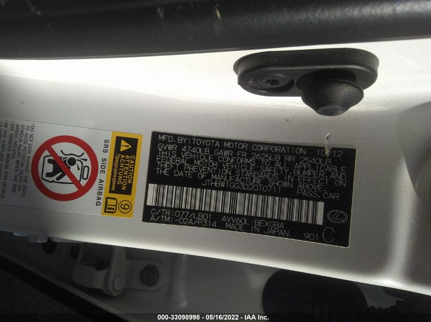 2013 LEXUS ES 300H HYBRID JTHBW1GG3D2010711