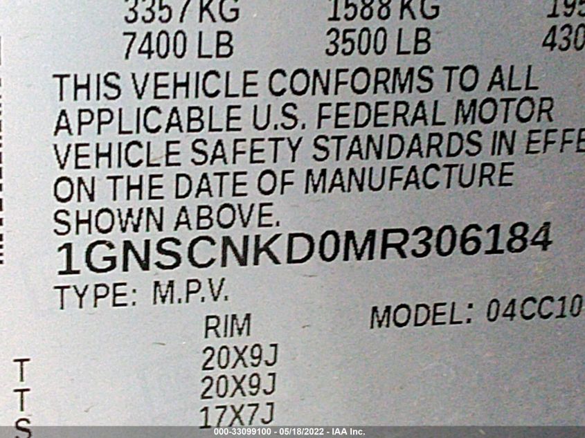 2021 CHEVROLET TAHOE LT 1GNSCNKD0MR306184