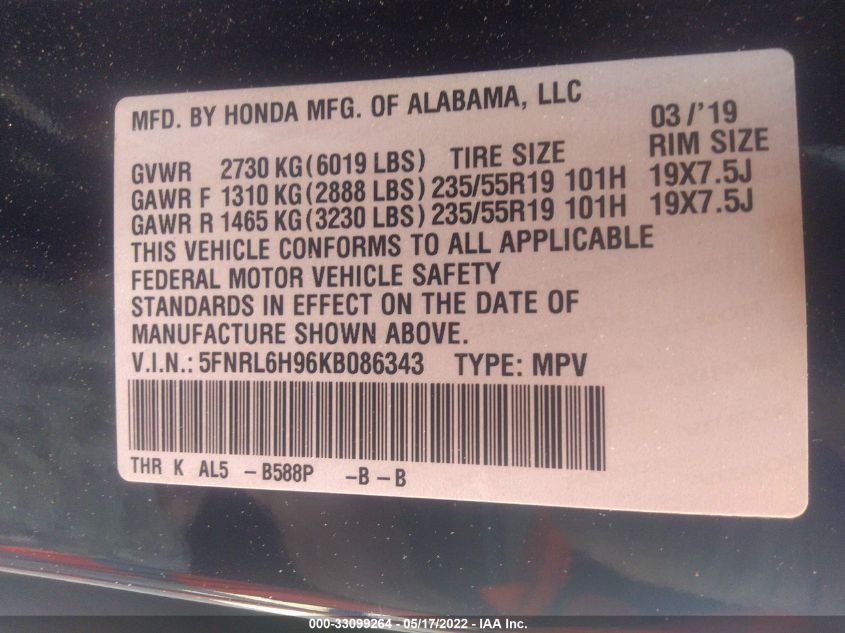 2019 HONDA ODYSSEY ELITE 5FNRL6H96KB086343