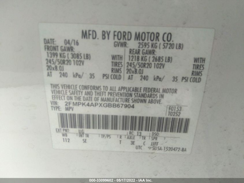 2016 FORD EDGE SPORT 2FMPK4APXGBB67904