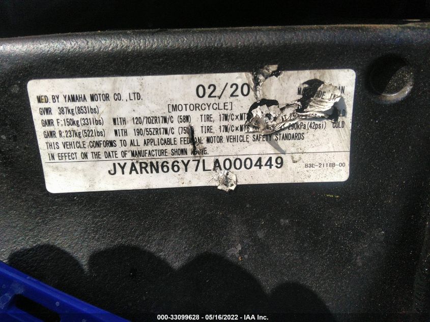 2020 YAMAHA YZFR1 JYARN66Y7LA000449