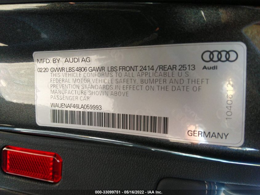 2020 AUDI A4 PREMIUM PLUS WAUENAF46LA059993