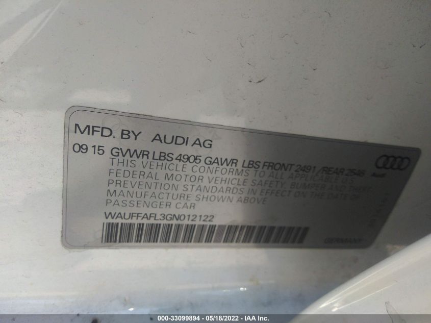 2016 AUDI A4 PREMIUM PLUS WAUFFAFL3GN012122