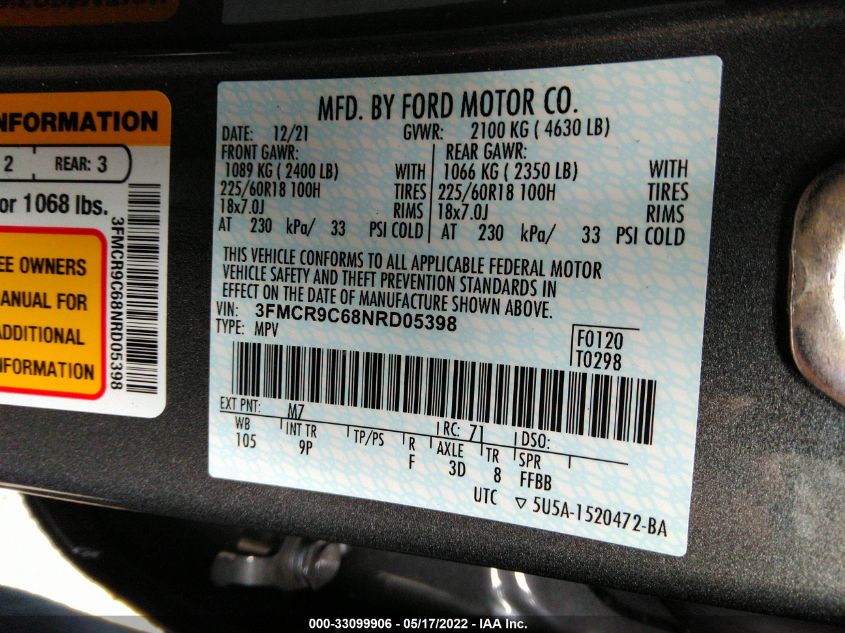 2022 FORD BRONCO SPORT OUTER BANKS 3FMCR9C68NRD05398