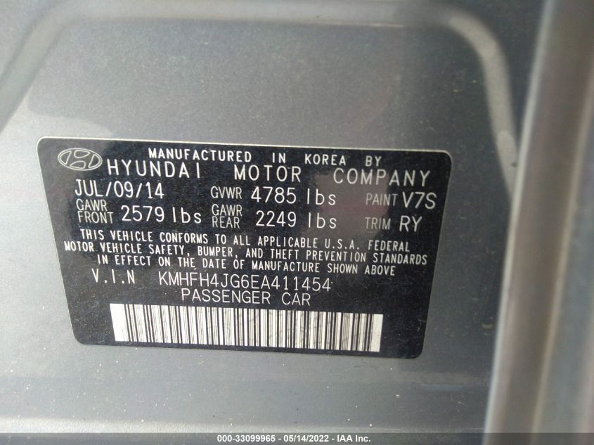 2014 HYUNDAI AZERA LIMITED KMHFH4JG6EA411454