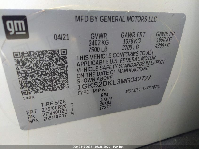 2021 GMC YUKON DENALI 1GKS2DKL3MR342727