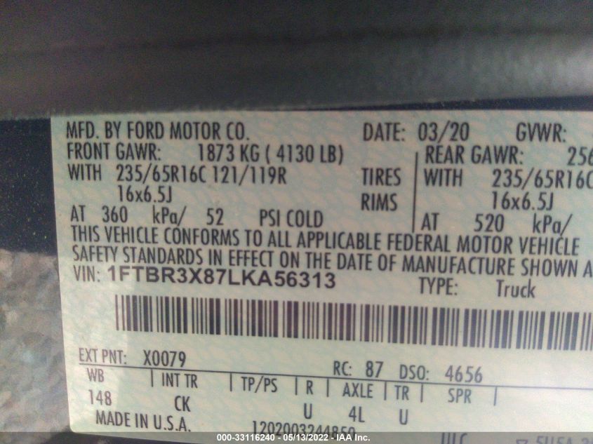 2020 FORD TRANSIT CARGO VAN 1FTBR3X87LKA56313