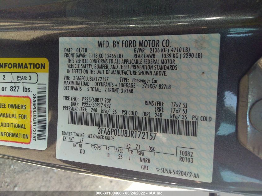 2018 FORD FUSION HYBRID SE HYBRID 3FA6P0LU8JR172157