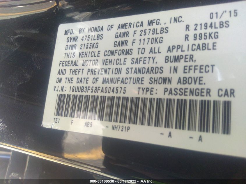 2015 ACURA TLX V6 TECH 19UUB3F58FA004575