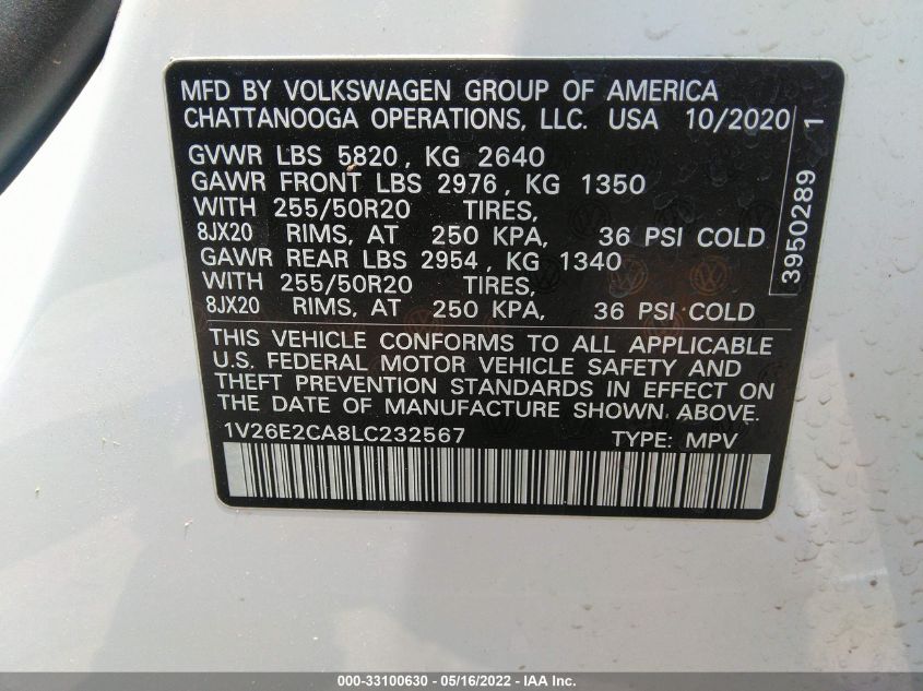2020 VOLKSWAGEN ATLAS CROSS SPORT 3.6L V6 SE W/TECHNOLOGY 1V26E2CA8LC232567