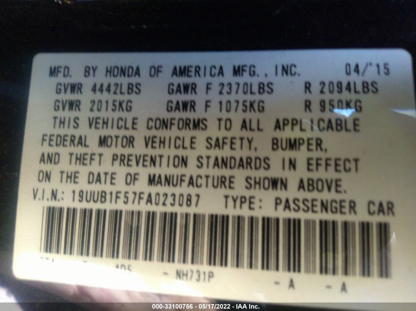 2015 ACURA TLX TECH 19UUB1F57FA023087