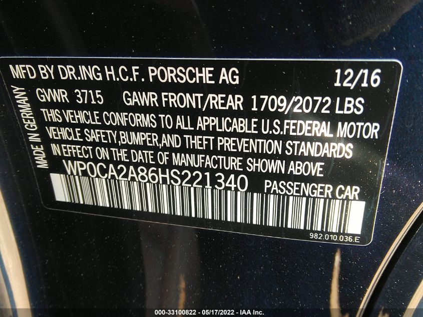 2017 PORSCHE 718 BOXSTER WP0CA2A86HS221340