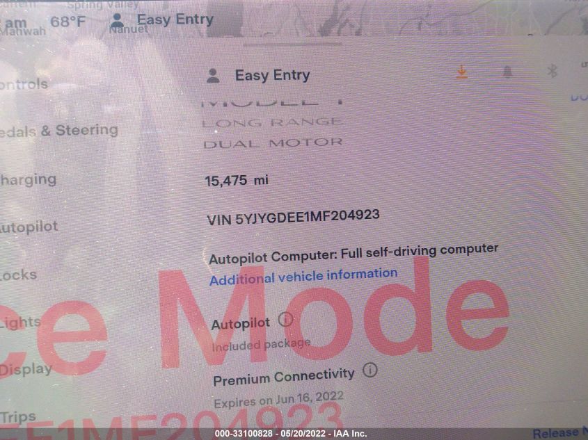 2021 TESLA MODEL Y LONG RANGE 5YJYGDEE1MF204923