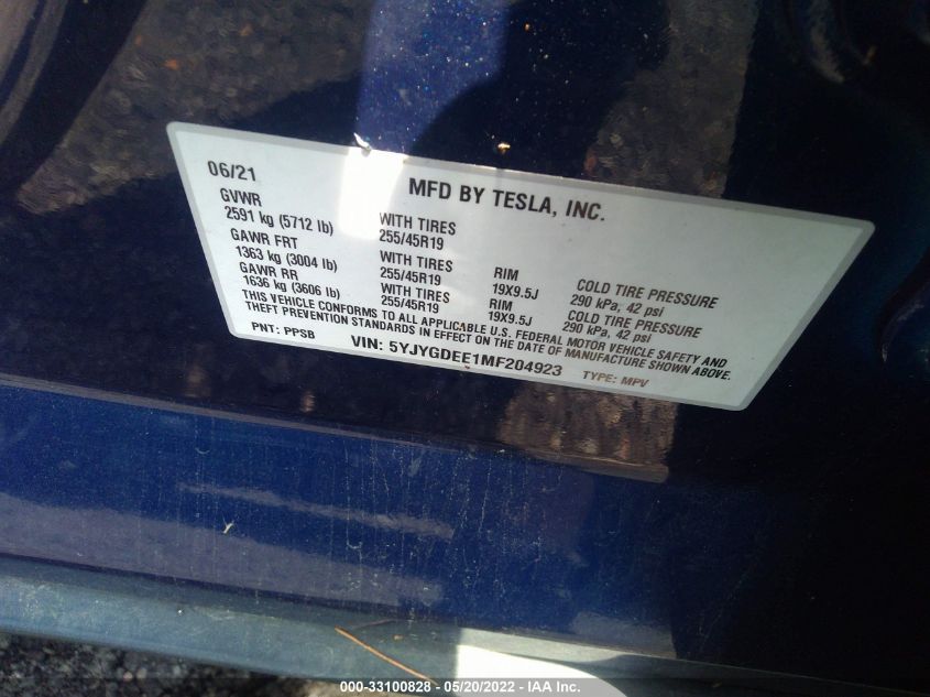 2021 TESLA MODEL Y LONG RANGE 5YJYGDEE1MF204923