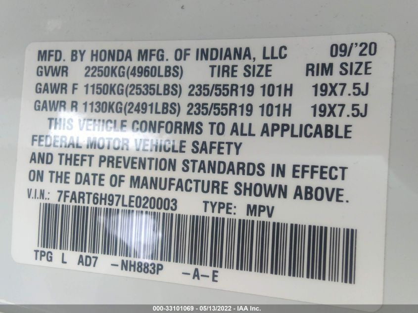 2020 HONDA CR-V HYBRID TOURING 7FART6H97LE020003