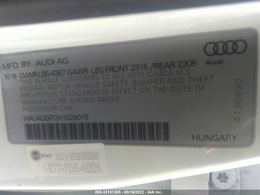 2017 AUDI A3 SEDAN PREMIUM WAUAUGFF2H1029015