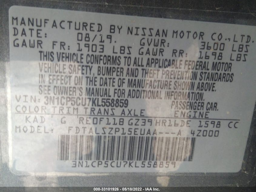 2019 NISSAN KICKS SV 3N1CP5CU7KL558859