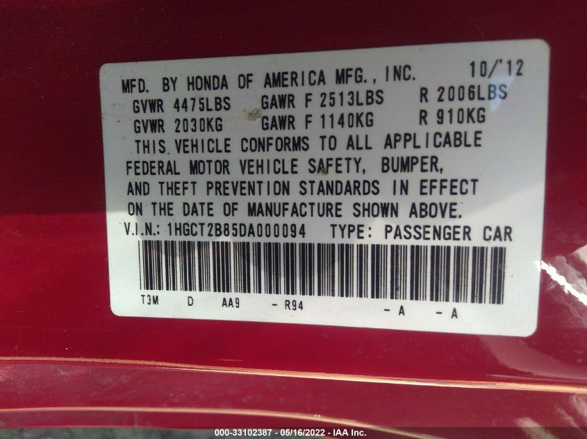 2013 HONDA ACCORD CPE EX-L 1HGCT2B85DA000094