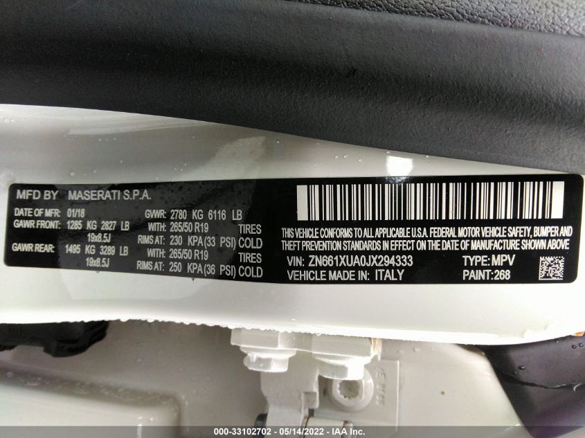 2018 MASERATI LEVANTE ZN661XUA0JX294333