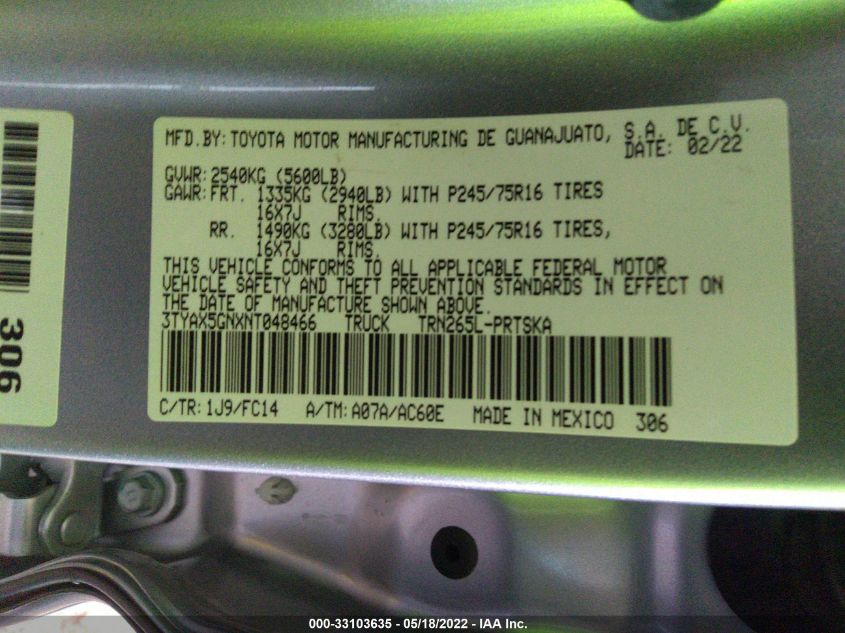 2022 TOYOTA TACOMA 2WD SR/SR5 3TYAX5GNXNT048466
