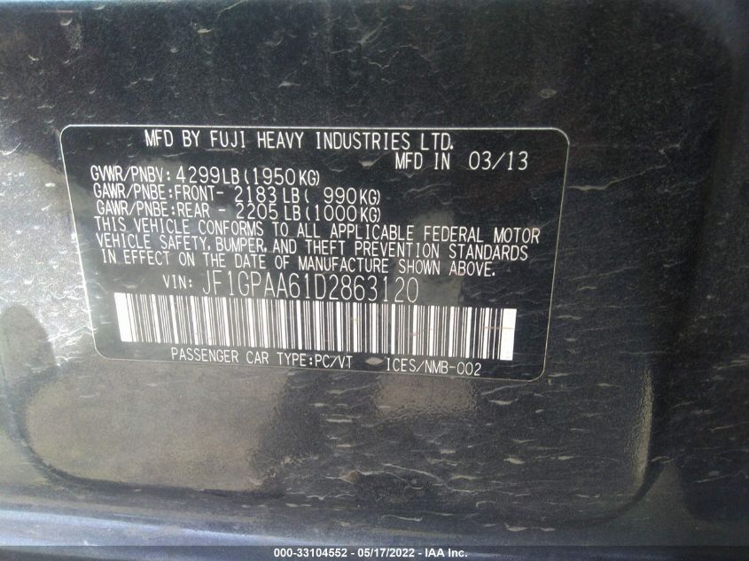 2013 SUBARU IMPREZA WAGON 2.0I JF1GPAA61D2863120