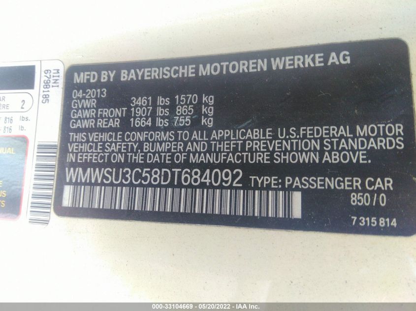 2013 MINI COOPER HARDTOP WMWSU3C58DT684092