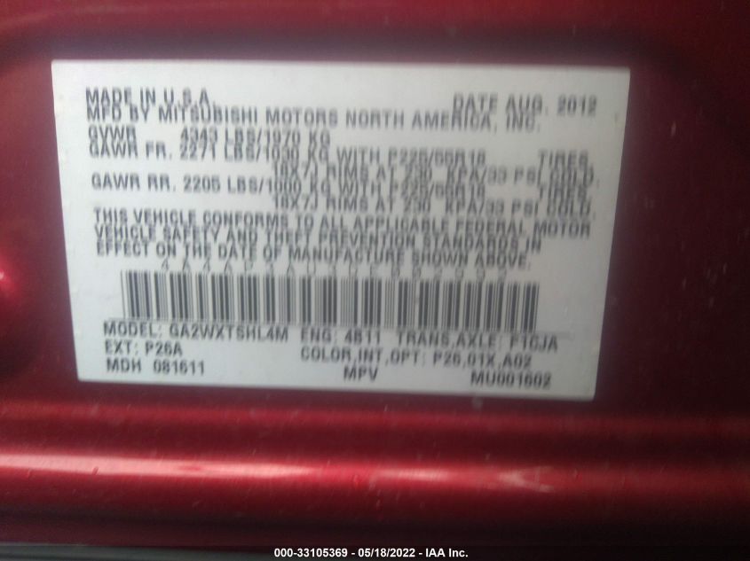 2013 MITSUBISHI OUTLANDER SPORT ES 4A4AP3AU3DE002992