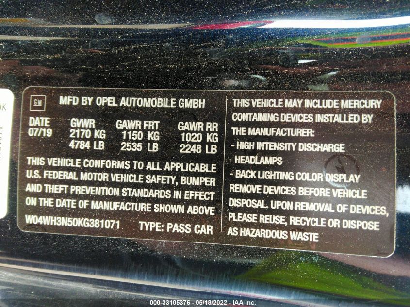 2019 BUICK CASCADA PREMIUM W04WH3N50KG381071