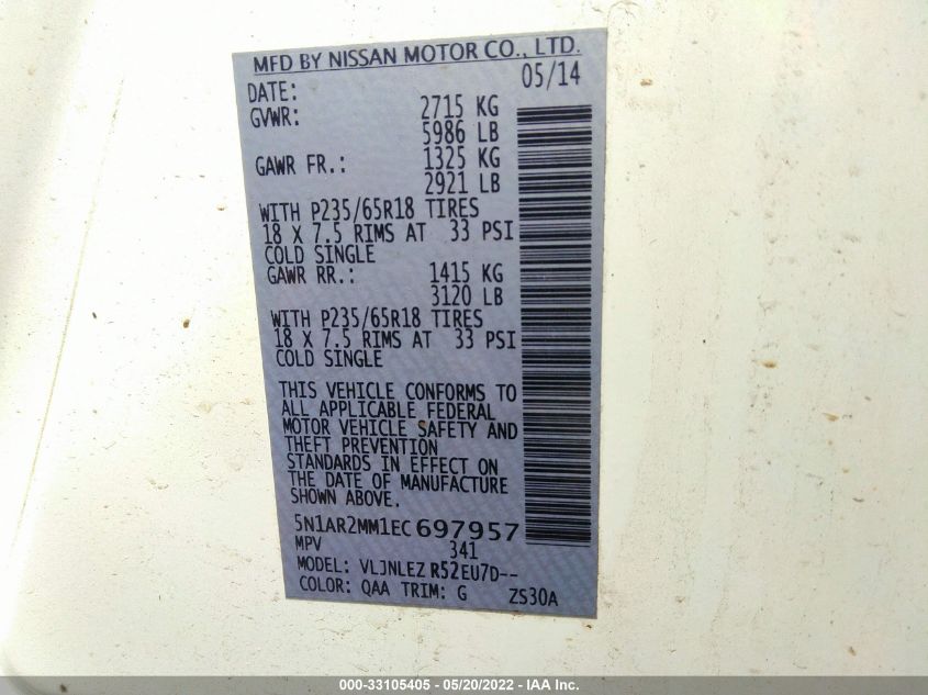 2014 NISSAN PATHFINDER SV 5N1AR2MM1EC697957
