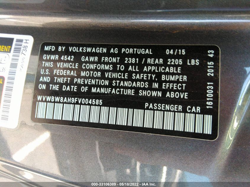 2015 VOLKSWAGEN EOS KOMFORT WVWBW8AH9FV004585