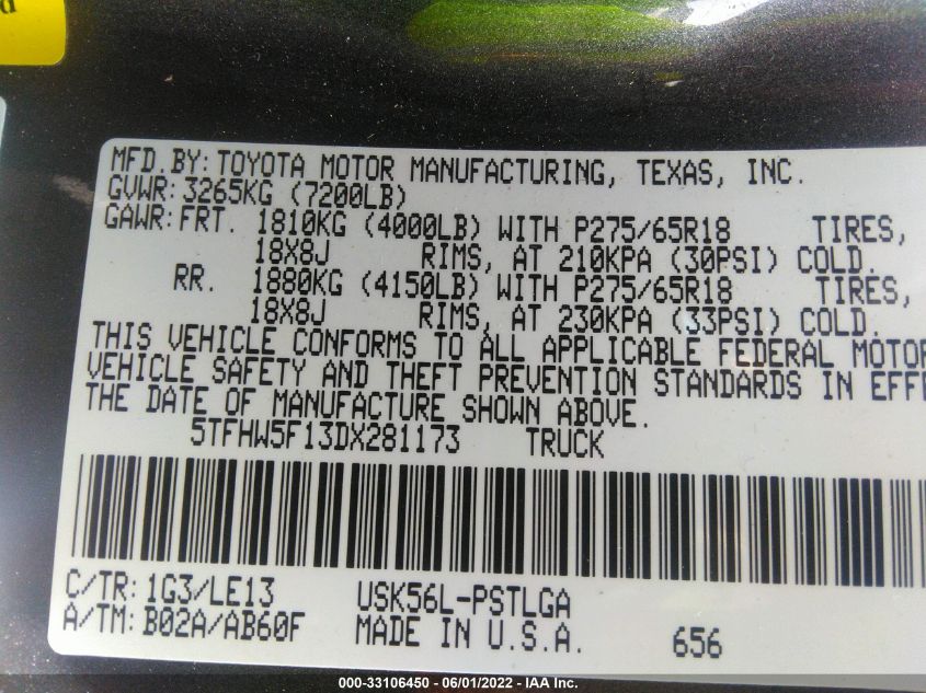 2013 TOYOTA TUNDRA 4WD TRUCK LTD/PLATINUM 5TFHW5F13DX281173