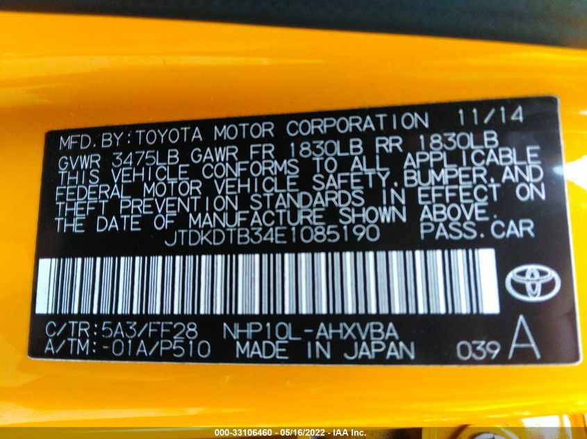 2014 TOYOTA PRIUS C ONE/THREE/TWO/FOUR JTDKDTB34E1085190