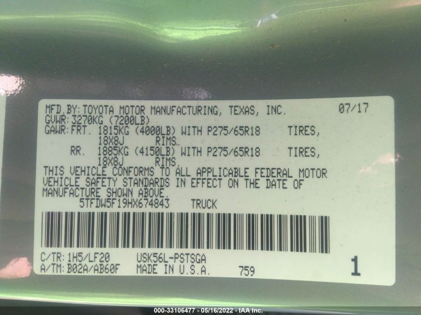 2017 TOYOTA TUNDRA 4WD SR5/TRD PRO 5TFDW5F19HX674843