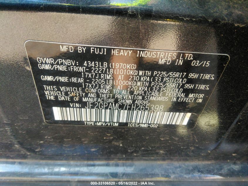 2015 SUBARU XV CROSSTREK LIMITED JF2GPAMC7FH265398