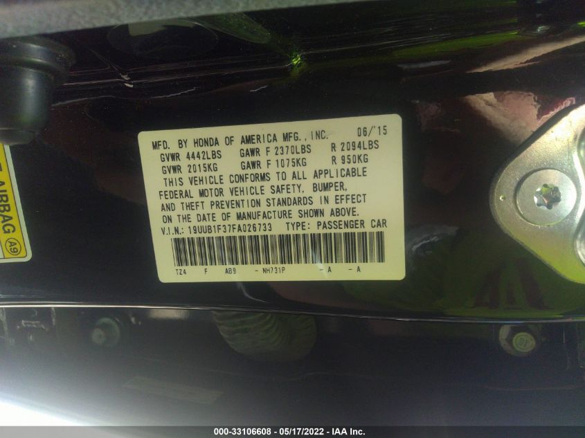 2015 ACURA TLX 19UUB1F37FA026733