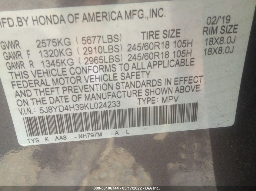 2019 ACURA MDX 5J8YD4H39KL024233