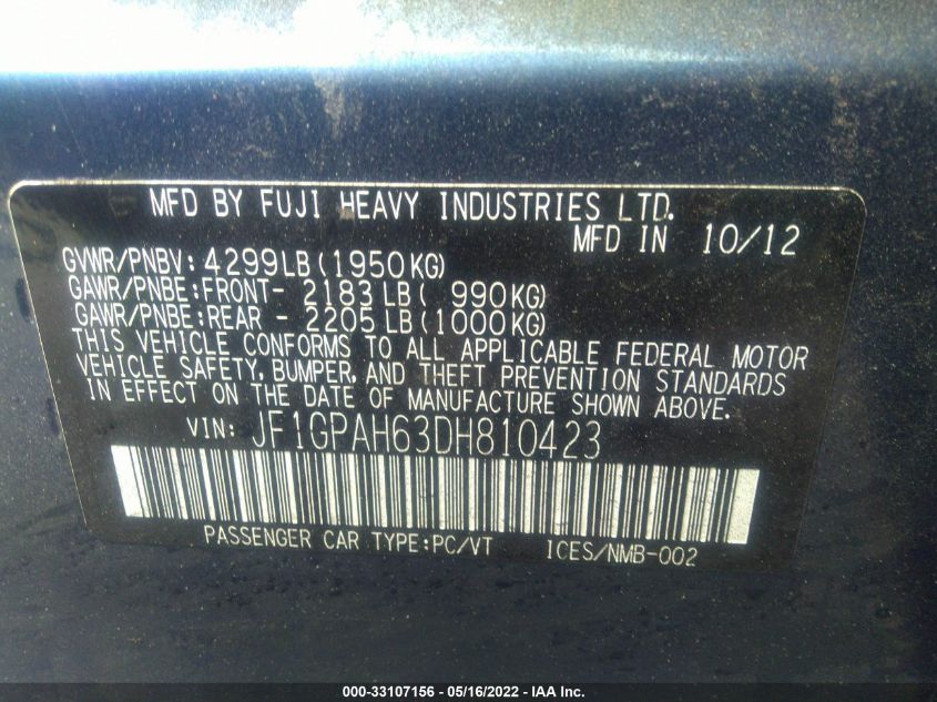 2013 SUBARU IMPREZA WAGON 2.0I LIMITED JF1GPAH63DH810423